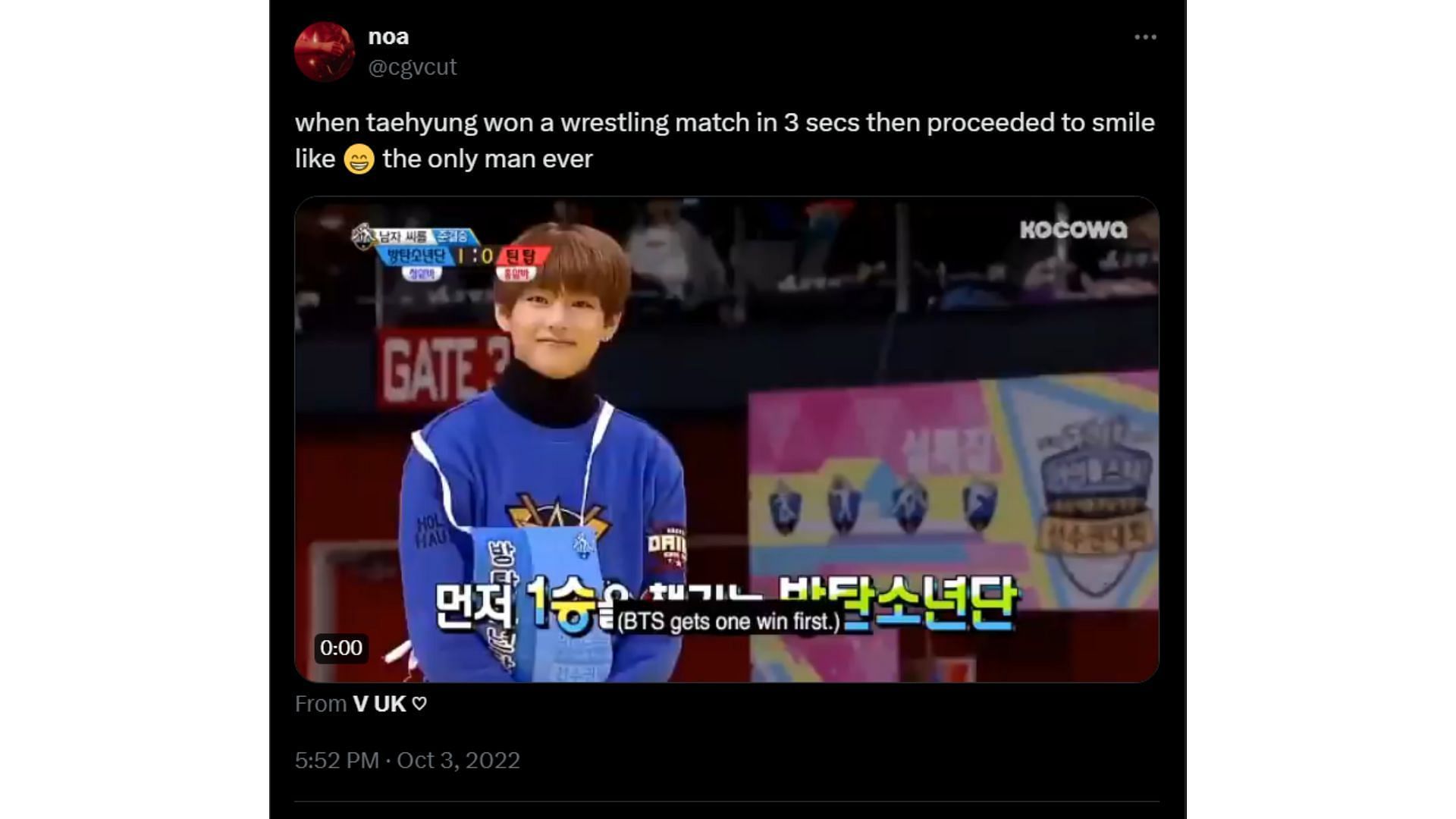 BTS' V defeated his opponent remarkably quickly in wrestling. (Image via X/ @@cgvcut)